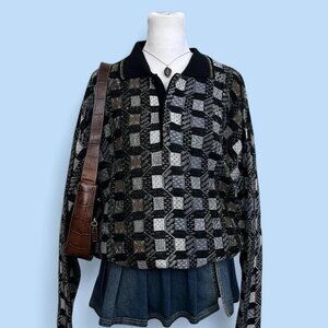 vintage 90s black brown gray grid indie skater grunge polo sweater